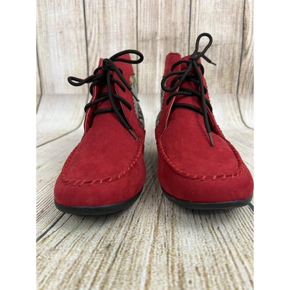 Women Ankle Moccasin Booties Ankle Boots Sz 7W Red Faux Suede Lace Up Boho - Picture 7 of 10